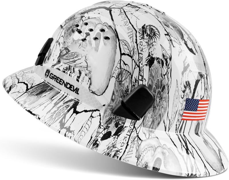 GREEN DEVIL Full Brim Hard Hat Vented Construction Safety Helmet OSHA Approved Cascos De Construccion ABS Work Hardhat for Men&Women 6 Point Adjustable Ratchet Suspension Custom Pattern Design - Image 1
